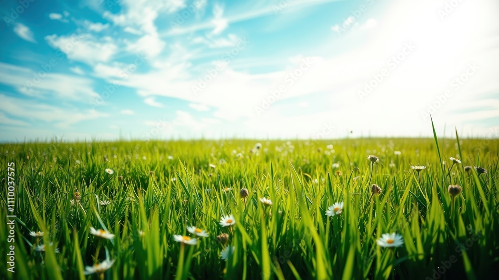 Obraz premium A close-up view of a field of green grass with scattered daisies, bathed in warm sunlight against a backdrop of a bright blue sky with white fluffy clouds.