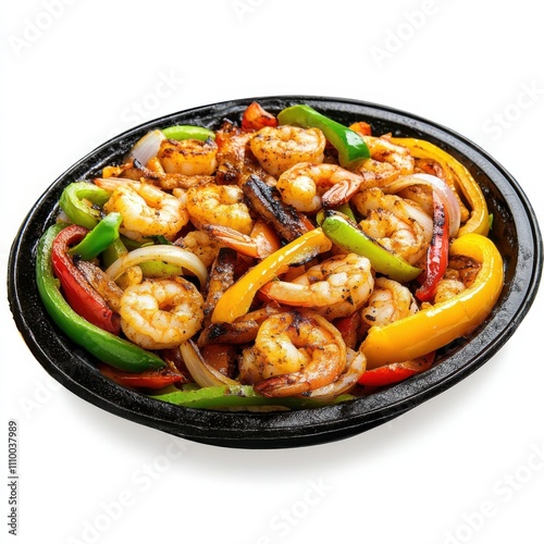 A Tex-Mex shrimp fajita platter with grilled peppers and onions, isolated white background, hyperrealism art style