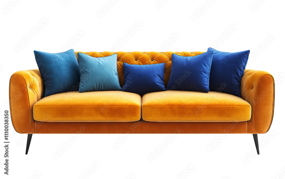 Fototapeta premium Stylish Velvet Sofa with Blue Cushions on Transparent Background