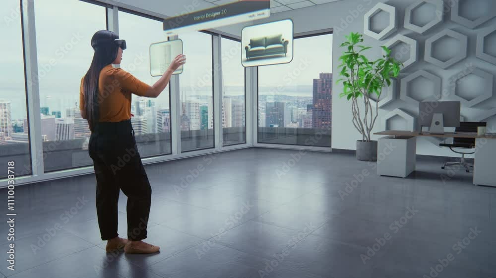 Asian female designer wearing virtual reality headset uses AI augmented reality interior design app to arrange office workspace or stylish apartment with 3D furniture and equipment. 3D visual effects.