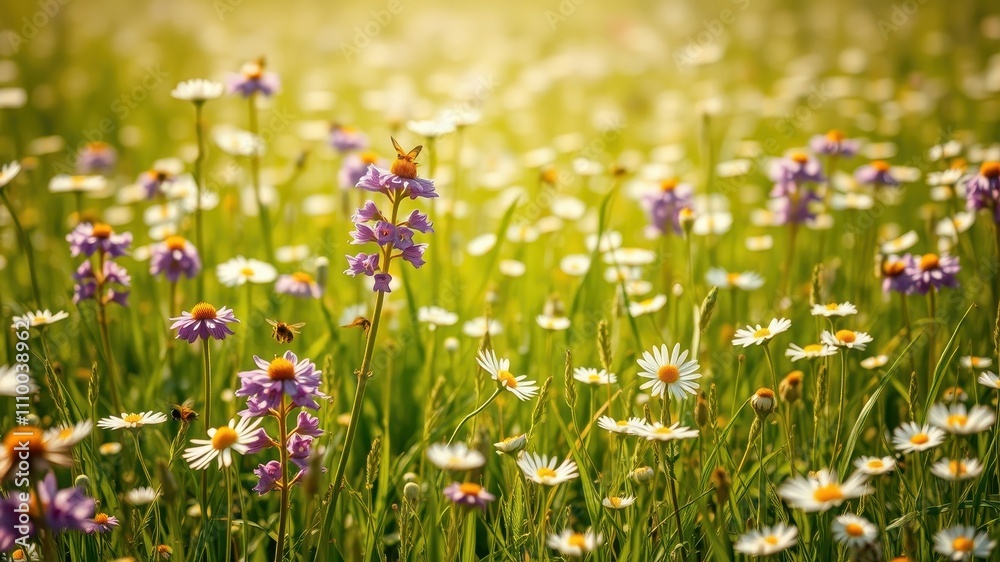 A vibrant meadow filled with delicate wildflowers, illuminated by the warm glow of the sun, creating a beautiful and serene scene. A vibrant meadow filled with delicate wildflowers, illuminated by the warm glow of the sun, creating a beautiful and serene scene.