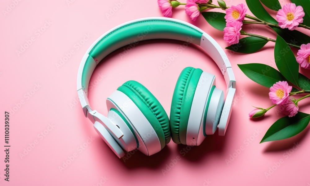Modern white and green headphones with pink flowers on pastel background Modern white and green headphones with pink flowers on pastel background
