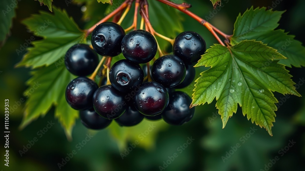 A cluster of plump, black berries hangs from a branch, glistening with dew, surrounded by vibrant green leaves.