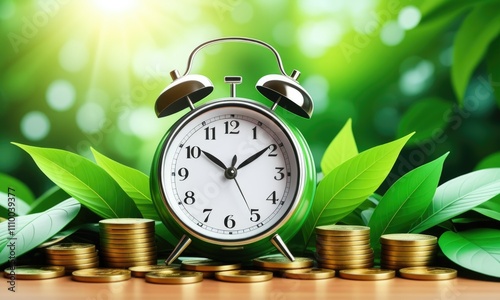 Ecofriendly financial growth: alarm clock, coin stacks, and green leaves photo