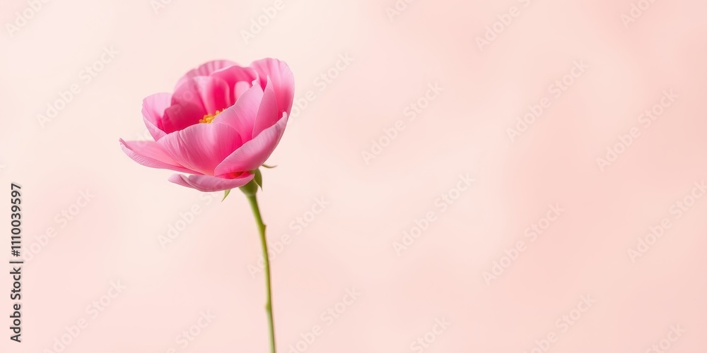 Fototapeta premium A single pink flower with delicate petals and a soft yellow center, standing tall against a pastel pink backdrop.