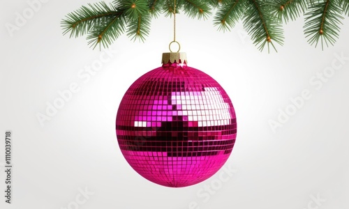 Vibrant pink disco ball ornament hanging on pine branch for holiday decoration photo