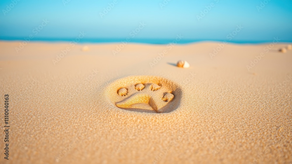 A solitary paw print etched into soft, golden sand, a testament to a fleeting moment of presence on the beach. A solitary paw print etched into soft, golden sand, a testament to a fleeting moment of presence on the beach.