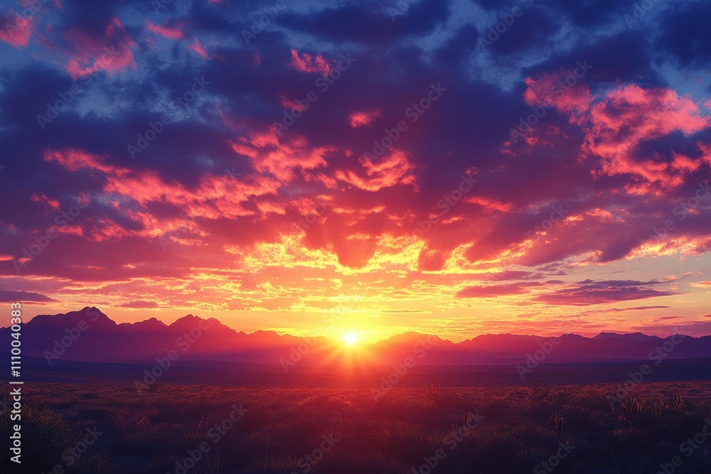 Fototapeta premium Vibrant sunset over mountain range, fiery clouds. Ideal for travel, nature, and inspirational projects.