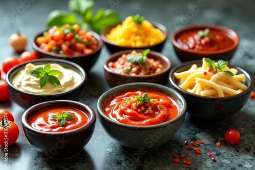 Plate of assorted dips with tortilla chips on a table top