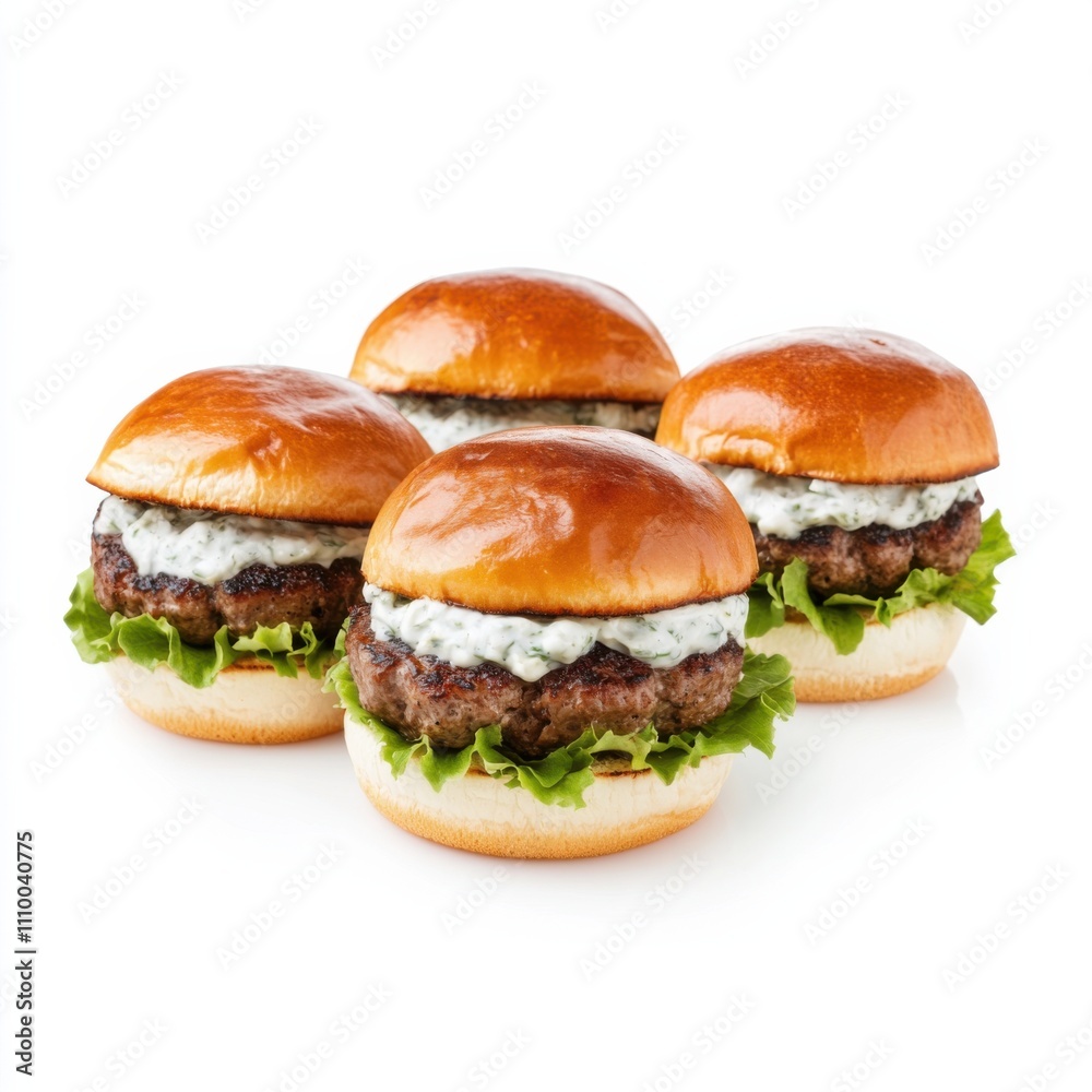 A trio of gourmet lamb sliders with tzatziki sauce, isolated white background, surreal art style A trio of gourmet lamb sliders with tzatziki sauce, isolated white background, surreal art style