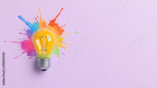 Colorful Liquid Paint Lightbulb on Purple Background - Creative Inspiration Concept