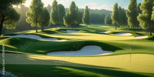 Picturesque golf course landscape with sunlit fairways and rolling greens