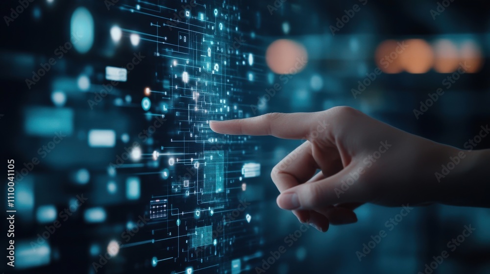 Futuristic Digital Interface Interaction with Touchscreen Technology for Business and Technology Innovation Concept Futuristic Digital Interface Interaction with Touchscreen Technology for Business and Technology Innovation Concept