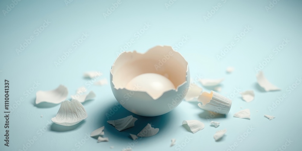 A Broken Eggshell On A Light Blue Surface With Pieces Of Eggshell Scattered Around It A Broken Eggshell On A Light Blue Surface With Pieces Of Eggshell Scattered Around It