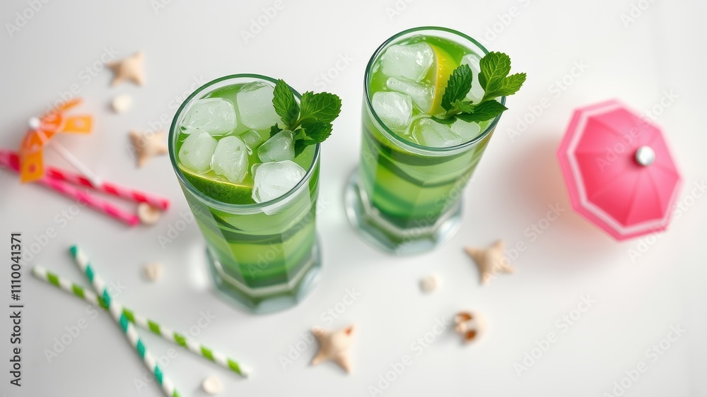 Refreshing summer cocktails with mint and ice, garnished with a lime wedge and a sprig of fresh mint, served in tall glasses with colorful straws and a pink umbrella, on a white background. Refreshing summer cocktails with mint and ice, garnished with a lime wedge and a sprig of fresh mint, served in tall glasses with colorful straws and a pink umbrella, on a white background.