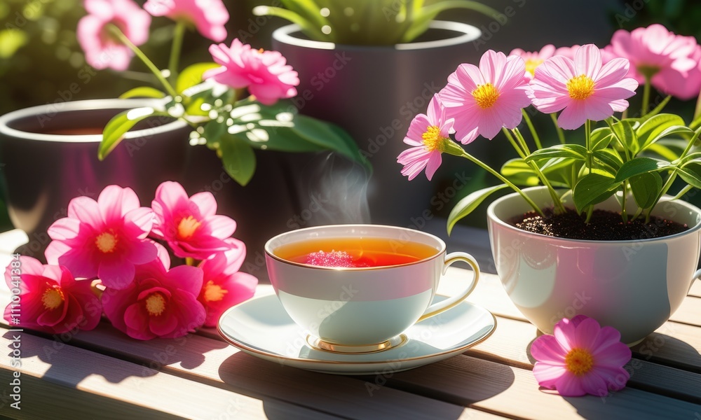 Steaming tea cup in sunlit garden with vibrant pink flowers and greenery Steaming tea cup in sunlit garden with vibrant pink flowers and greenery
