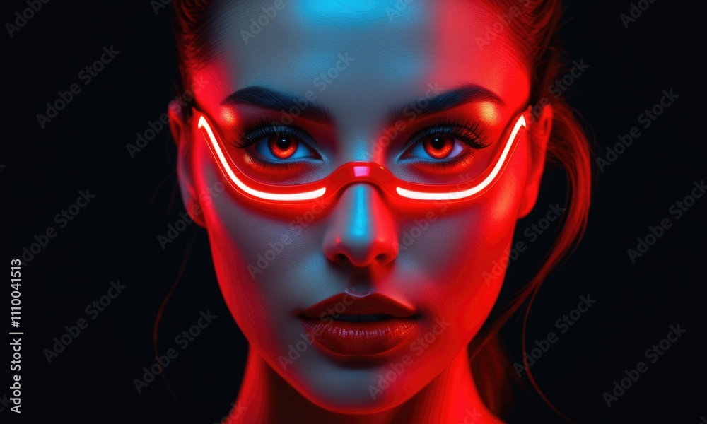 Futuristic neon glasses portrait with intense red and blue lighting Futuristic neon glasses portrait with intense red and blue lighting
