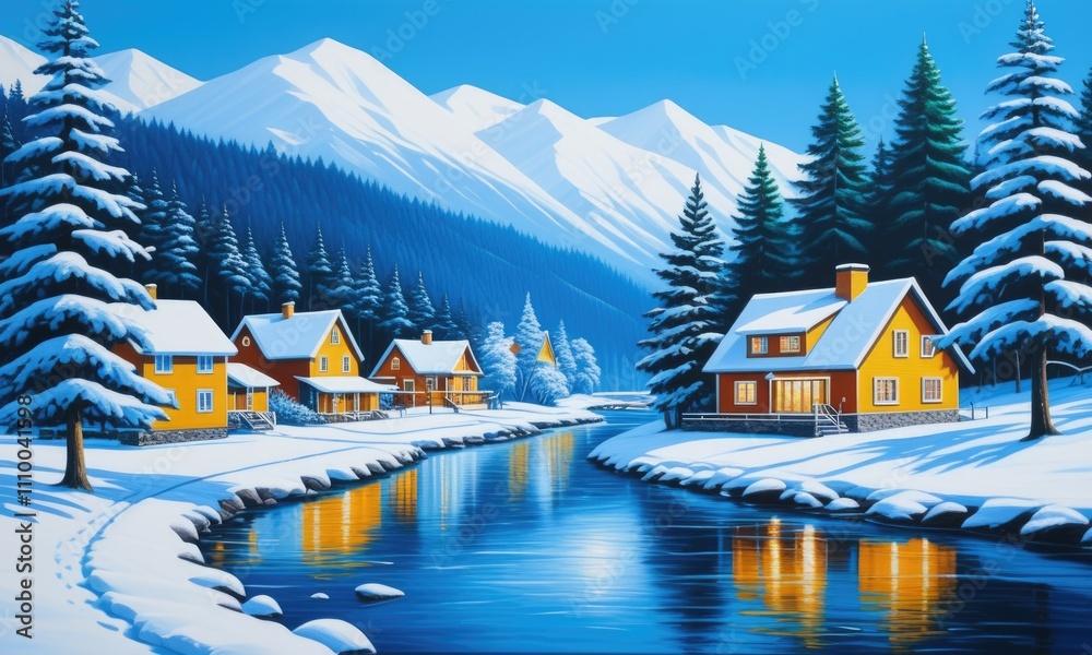 Fototapeta premium Snowy alpine village with yellow cabins beside river and mountain backdrop