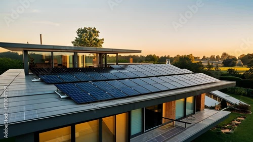 Sustainable Home: Solar Panels on Modern House Rooftop at Sunset