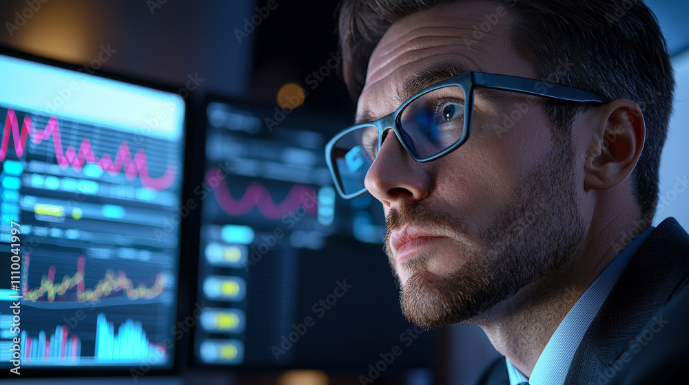 businessman analyzing financial graphs on multiple screens, focused and determined. environment is modern and tech savvy, reflecting professional atmosphere businessman analyzing financial graphs on multiple screens, focused and determined. environment is modern and tech savvy, reflecting professional atmosphere