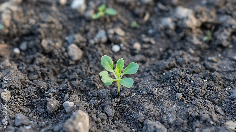 Close-up of a small seedling emerging from dark soil with small rocks. Close-up of a small seedling emerging from dark soil with small rocks.