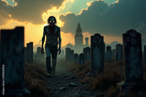 Scary zombie walking through cemetery at sunset photo