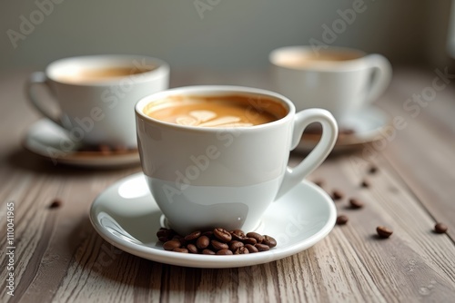 Three cups of coffee on saucers with a scattering of coffee beans photo