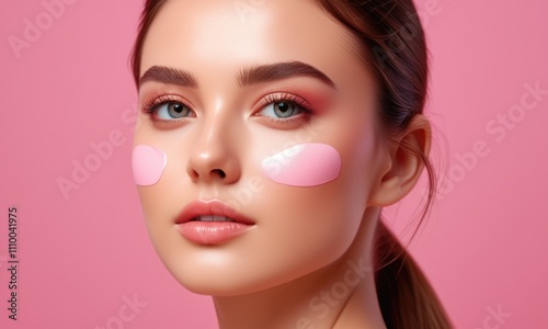 Radiant young woman with pink eye masks against pink background