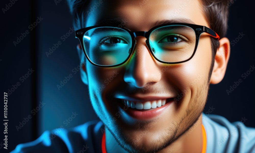 Vibrant smiling young adult in stylish glasses with neon lighting effect Vibrant smiling young adult in stylish glasses with neon lighting effect