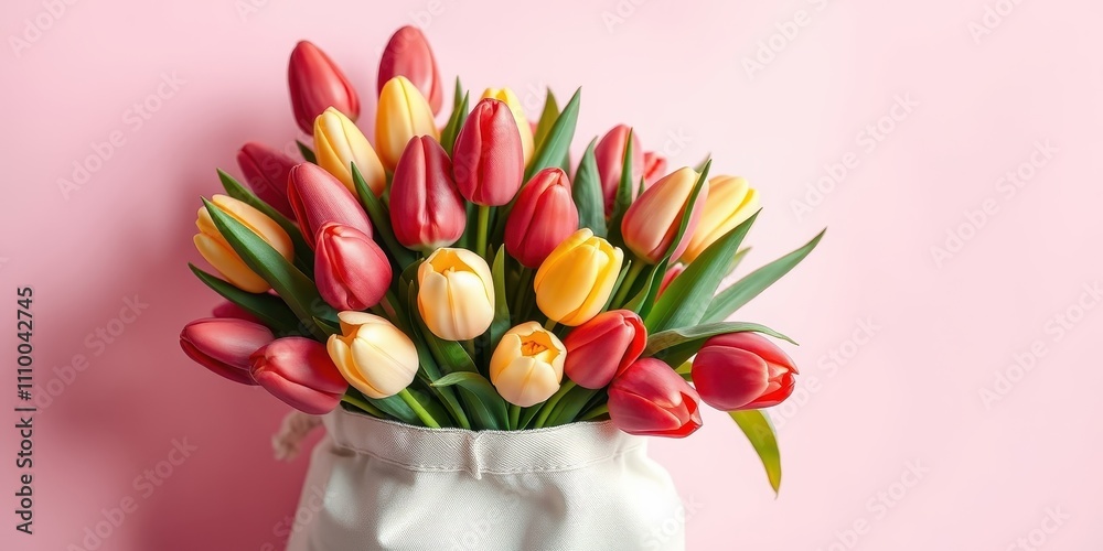 Obraz premium A delicate bouquet of colorful tulips arranged in a white cloth bag against a soft pink backdrop.