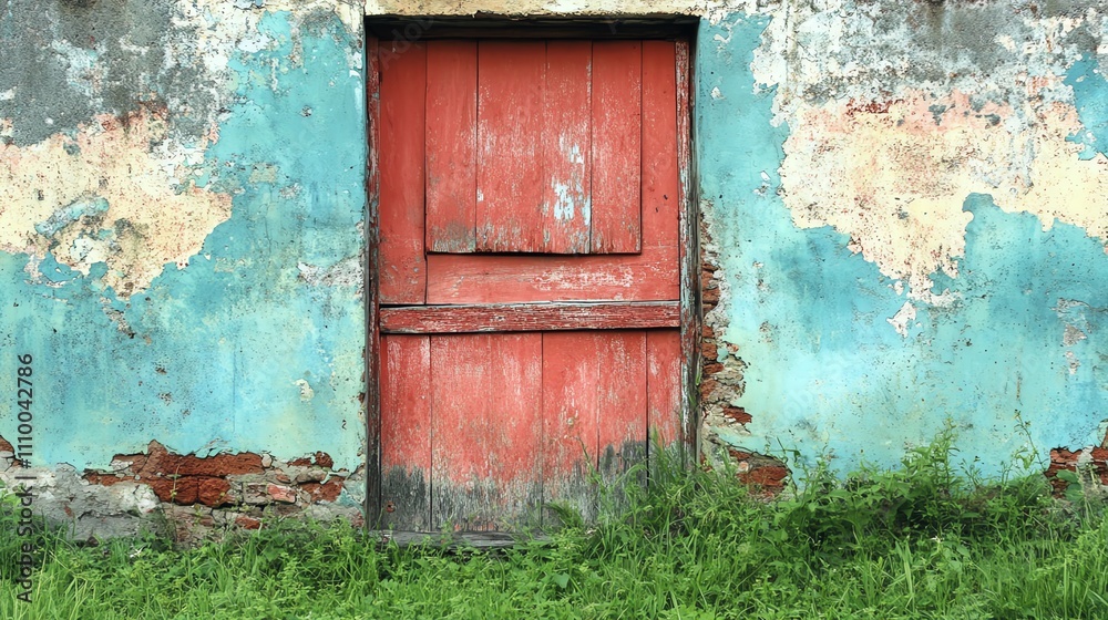 Weathered red door against a faded blue wall. Weathered red door against a faded blue wall.