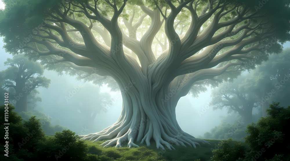 Fototapeta premium A large tree in a fantasy forest. The trunk and branches create a complex pattern through which light penetrates, creating soft lighting
