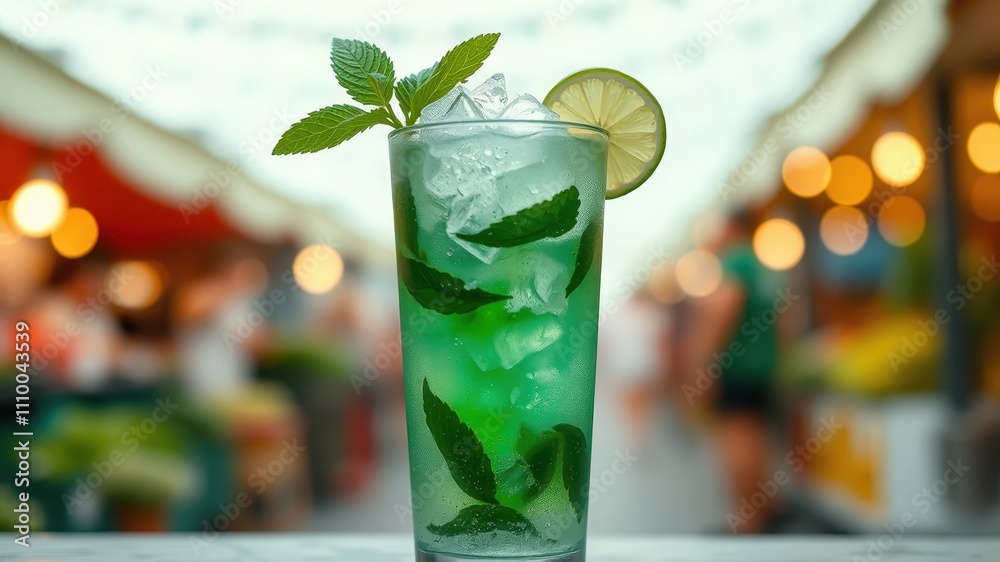 Refreshing Mint and Lime Cocktail with Ice in a Tall Glass on a Tabletop with a Blurred Background of a Bustling Market Refreshing Mint and Lime Cocktail with Ice in a Tall Glass on a Tabletop with a Blurred Background of a Bustling Market
