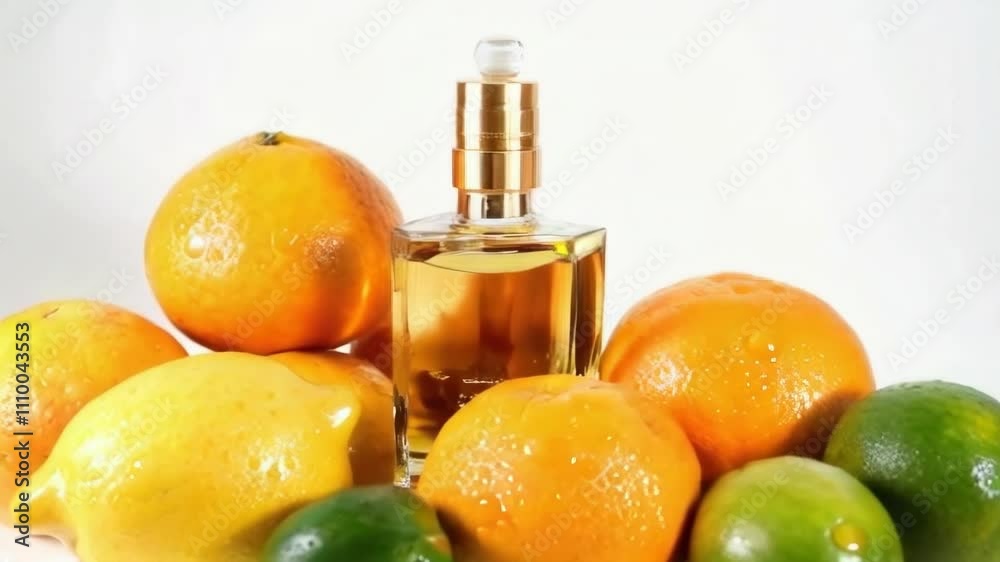 A bottle of perfume is on top of a pile of oranges and limes. The bottle is gold and has a gold top. The oranges and limes are arranged in a way that they are all touching each other A bottle of perfume is on top of a pile of oranges and limes. The bottle is gold and has a gold top. The oranges and limes are arranged in a way that they are all touching each other