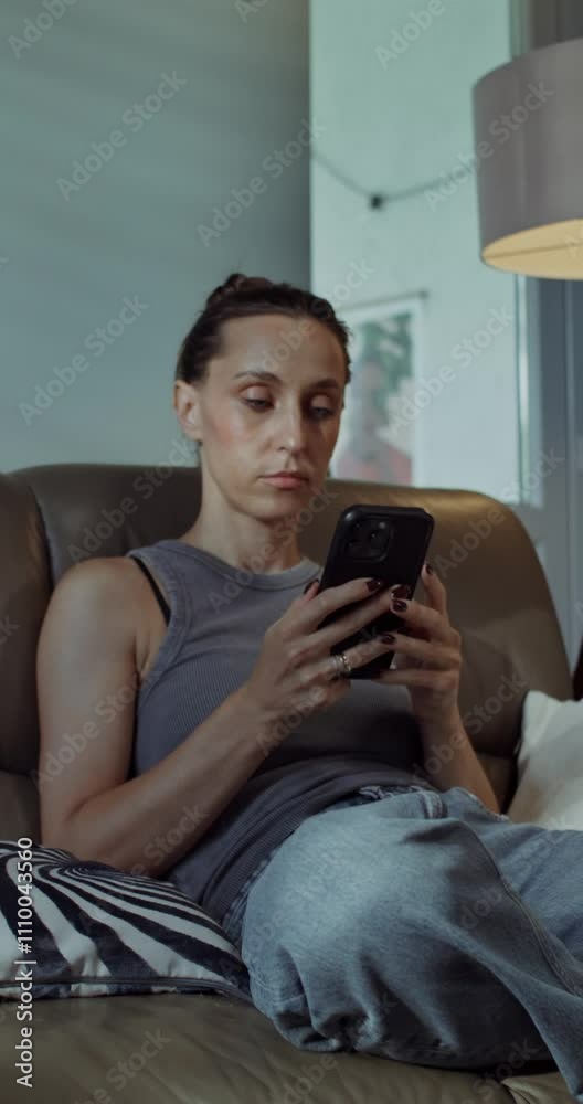 A woman uses a mobile phone while sitting on the couch at home. Does she look sad or offended A woman uses a mobile phone while sitting on the couch at home. Does she look sad or offended