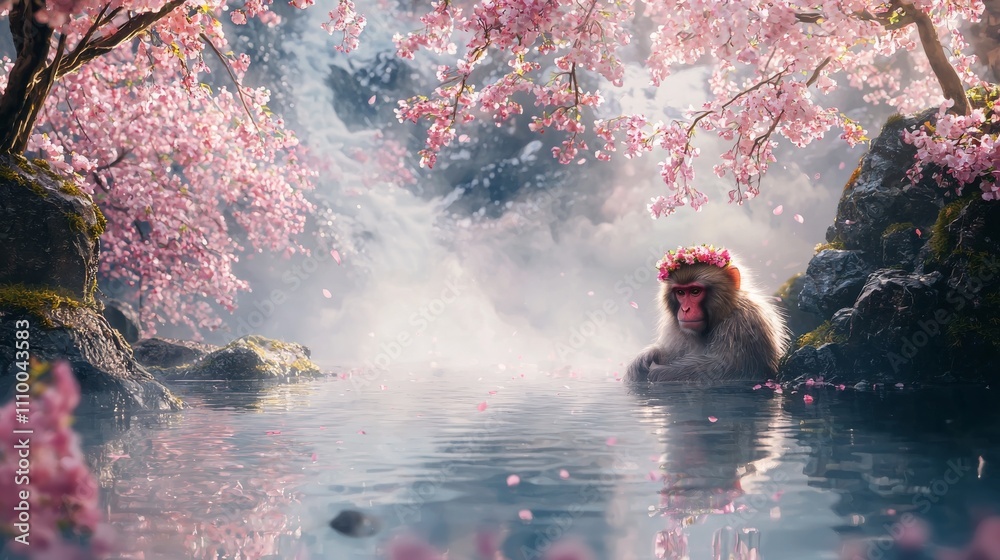 Fototapeta premium Playful Japanese Macaque Under Cherry Blossoms
