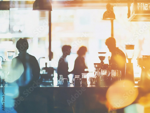 Blurred shot of a small cafe, people sitting at tables or counters, warm light background, natural bokeh.Selection focus and copy space.