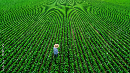farmer examines crops in lush green field, showcasing beauty of agriculture and nature. vibrant rows of plants reflect hard work and dedication