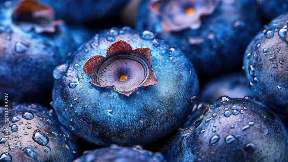 A close up of blueberries with water droplets on them. The blueberries are fresh and juicy, and the water droplets add a sense of freshness and coolness to the image