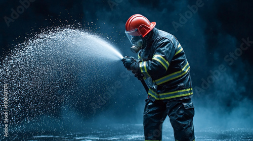 firefighter in protective gear sprays water, showcasing bravery and dedication. dramatic lighting highlights action and intensity of firefighting