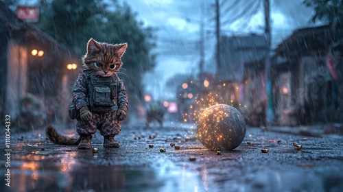 Rainy Urban Bomb Disposal: Anthropomorphic Cat in Military Gear Diffusing Large Bomb with Humor and Tension in Surreal Action Scene