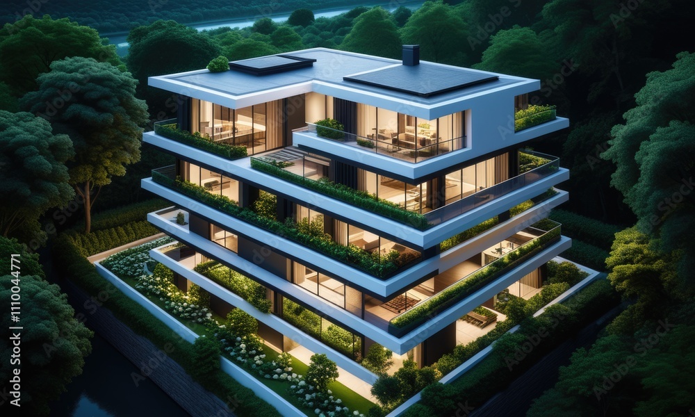 Modern architectural design: luxurious multilevel green building Modern architectural design: luxurious multilevel green building