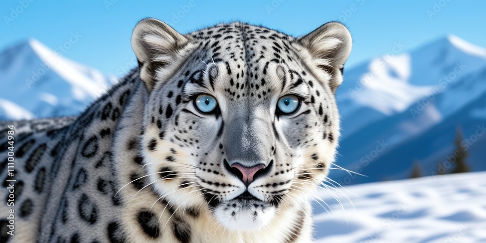 Fototapeta premium Majestic snow leopard in mountain landscape with striking blue eyes