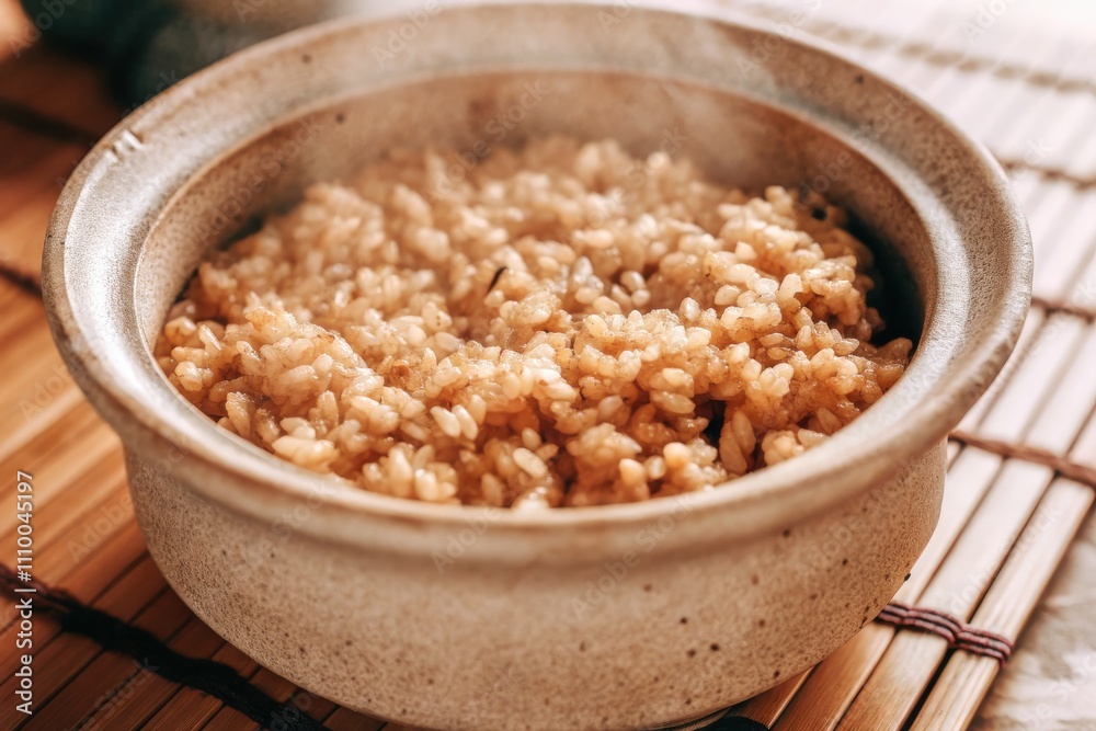 Steaming Bowl of Brown Rice in Ceramic Pot on Bamboo Mat for Healthy Meal Steaming Bowl of Brown Rice in Ceramic Pot on Bamboo Mat for Healthy Meal