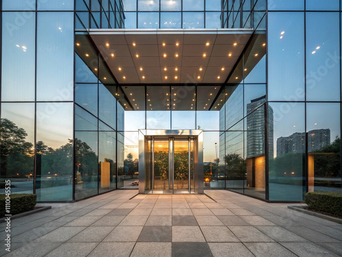 building with a glossy glass facade, open doorway, and a clean tiled walkway extending.