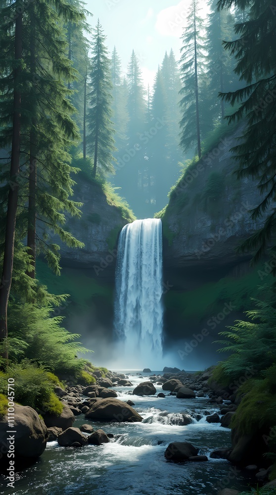 Beautiful coniferous forest with a waterfall Beautiful coniferous forest with a waterfall