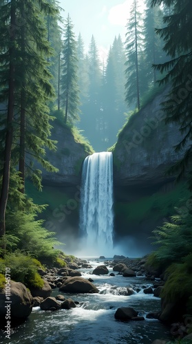 Beautiful coniferous forest with a waterfall