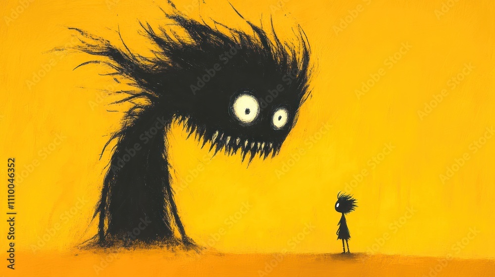 Fototapeta premium Defiant figure confronts menacing shadow monster with wild hair and open mouth in dramatic scene