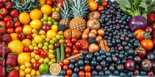 A vibrant collection of fresh fruits and vegetables, showcasing a rainbow of colors and textures, from juicy citrus to plump berries, representing the bounty of nature.