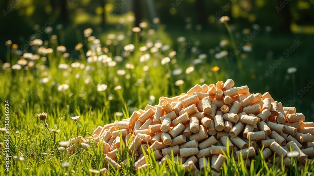 Obraz premium A pile of natural wood pellets in a grassy field with a blurred background of green trees and white flowers